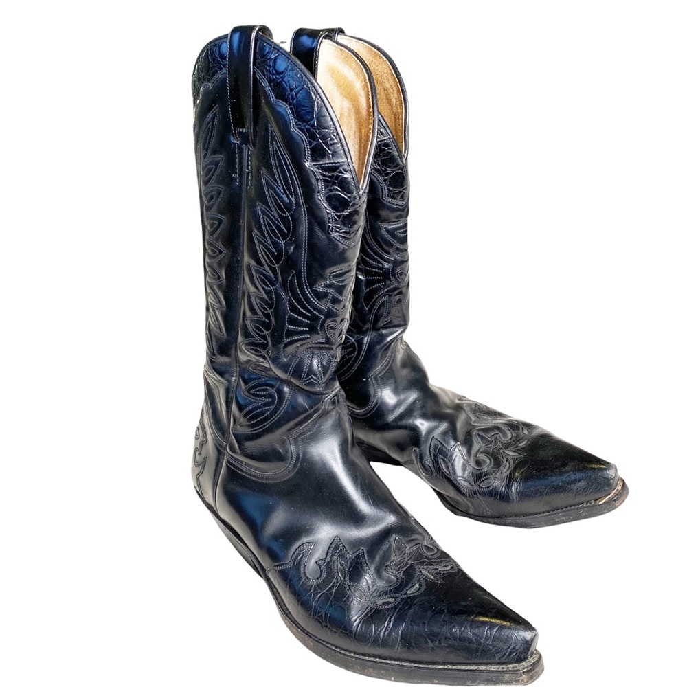 Vidal Black Detailed Cowboy Leather Boots Size H39/42 Heel to Toe 12 inc…